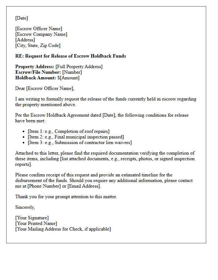 Escrow Holdback Release Follow-Up Letter
