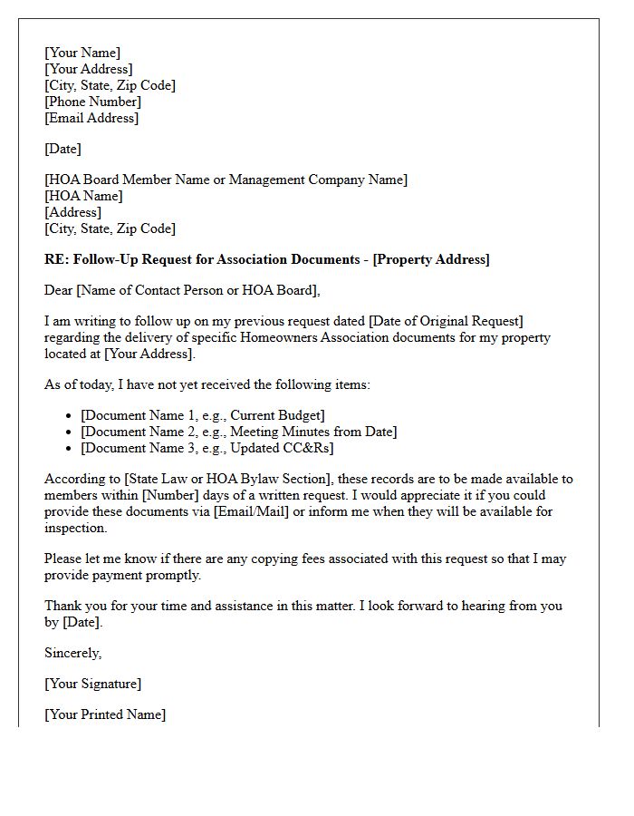 Homeowners Association Document Follow-Up Letter