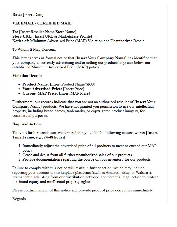 Minimum Advertised Price Violation Unauthorized Reseller Cease and Desist Letter