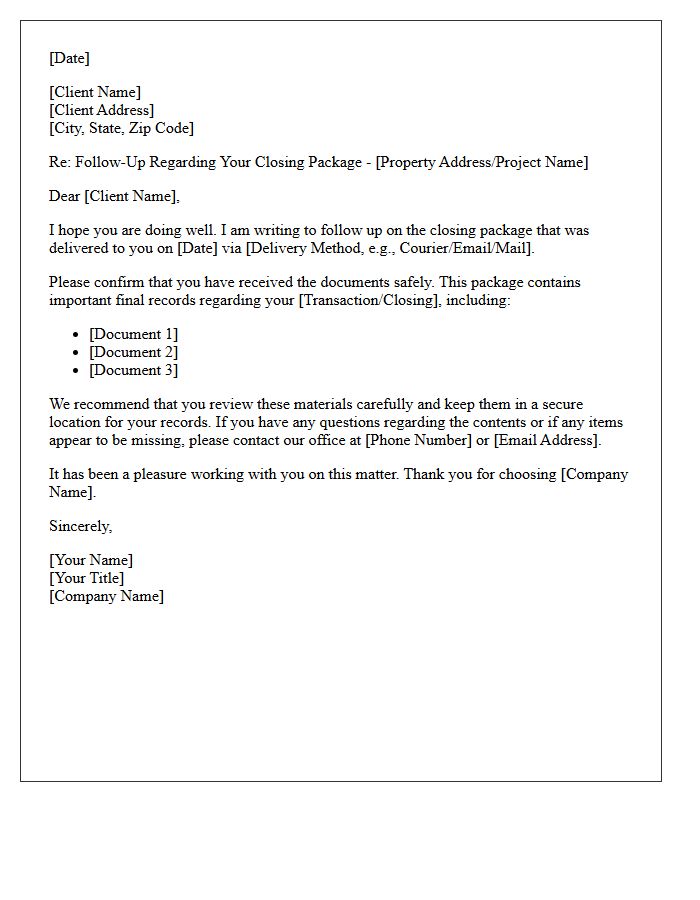 Client Closing Package Delivery Follow-Up Letter