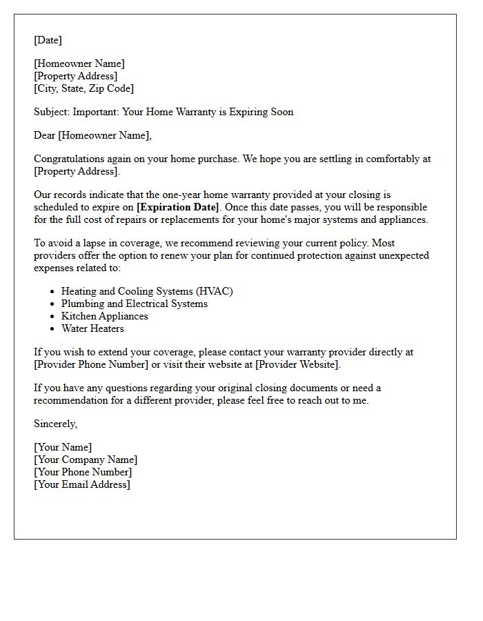 Post-Closing Home Warranty Expiration Reminder Letter