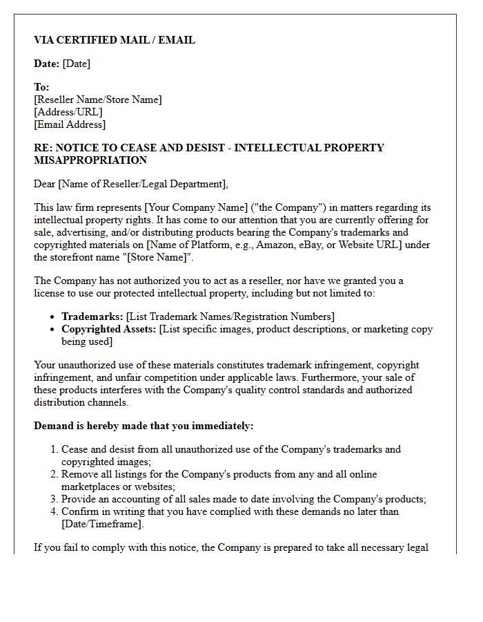 Intellectual Property Misappropriation Unauthorized Reseller Cease and Desist Letter