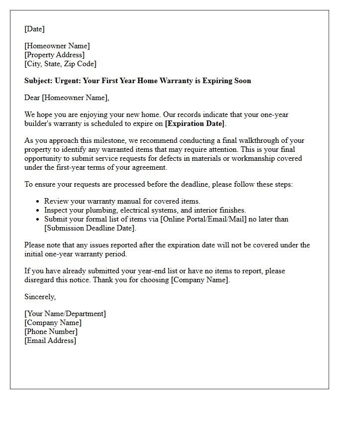 First Year Home Warranty Expiration Reminder Letter