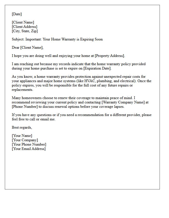 Buyer Agent Home Warranty Expiration Reminder Letter