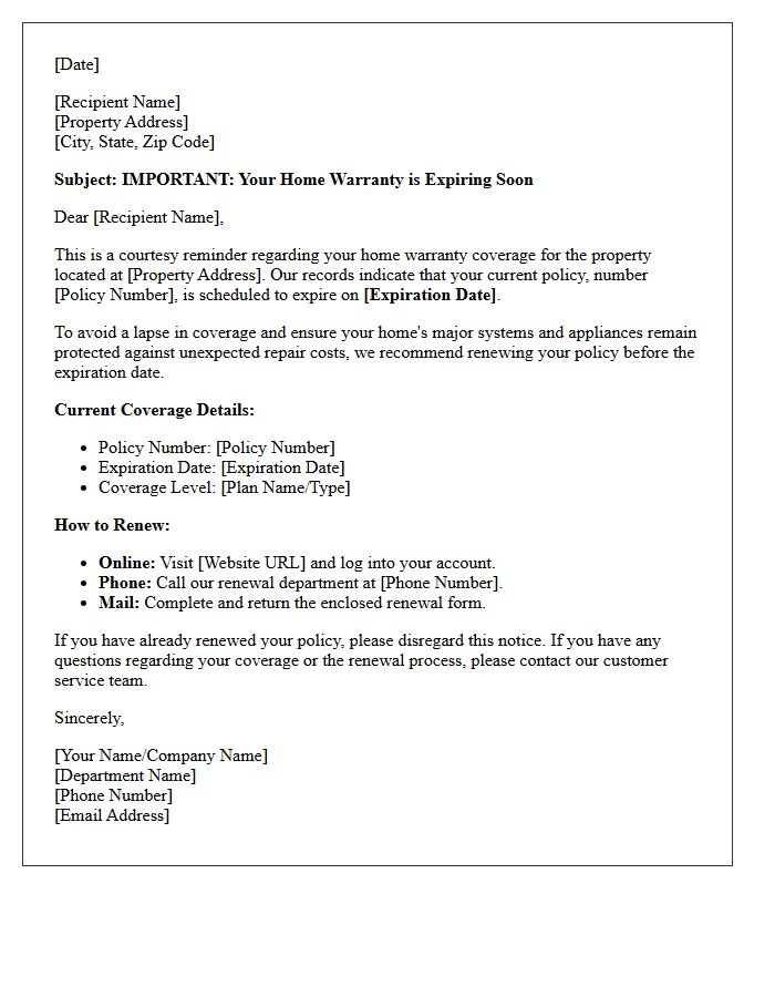 Courtesy Home Warranty Expiration Reminder Letter