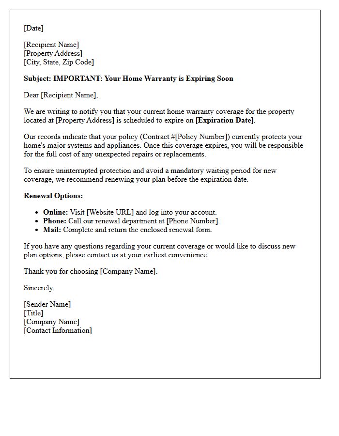 Upcoming Home Warranty Expiration Reminder Letter