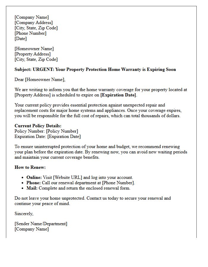 Property Protection Home Warranty Expiration Reminder Letter