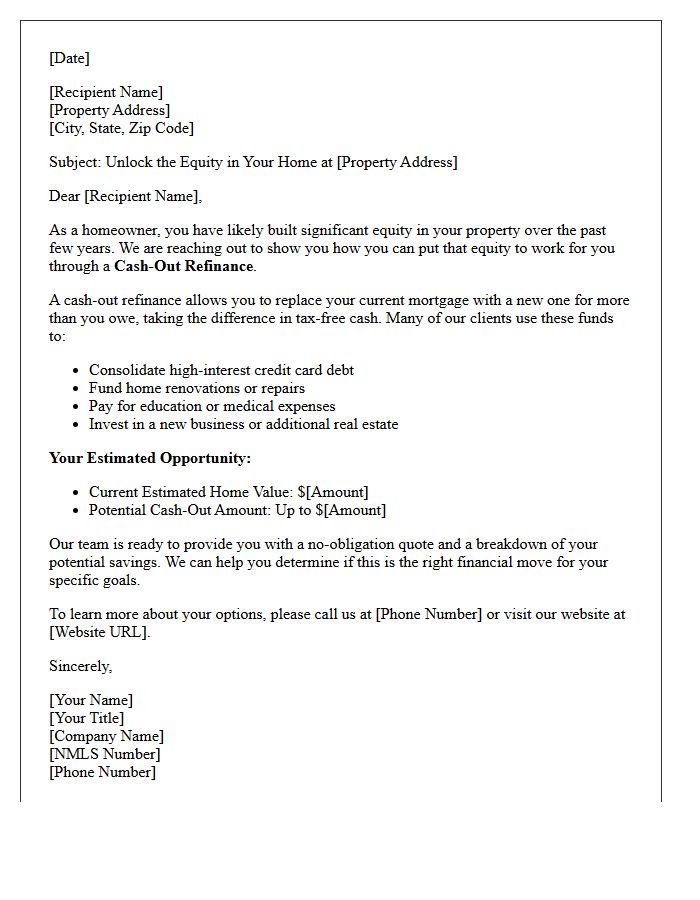 Cash-Out Home Equity Refinancing Opportunity Letter