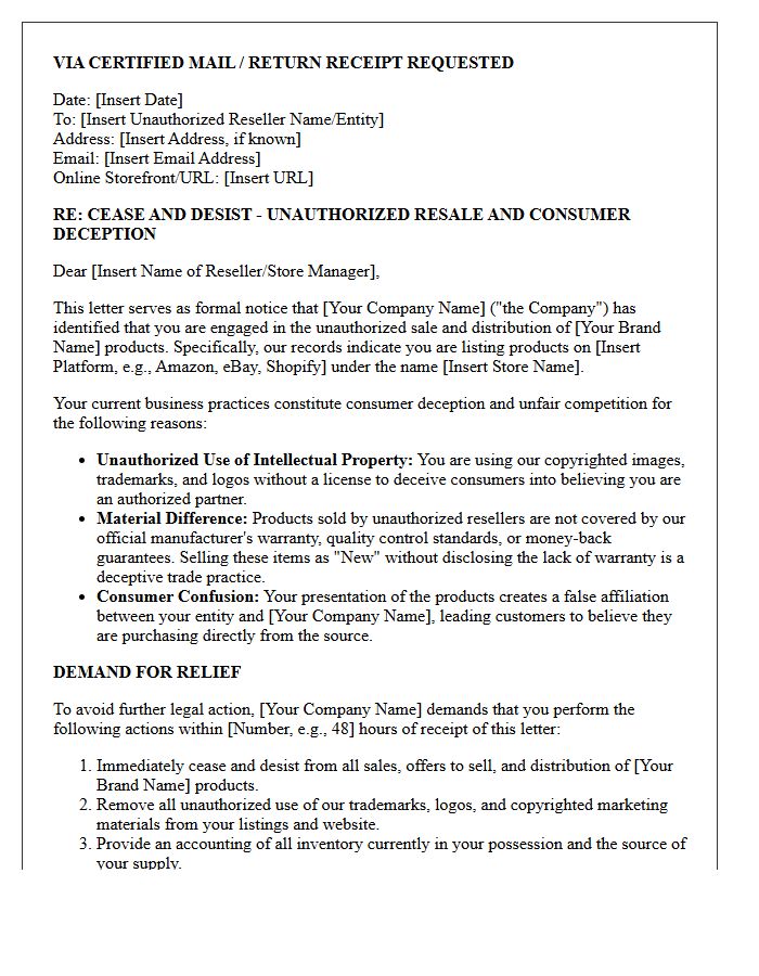 Consumer Deception Unauthorized Reseller Cease and Desist Letter