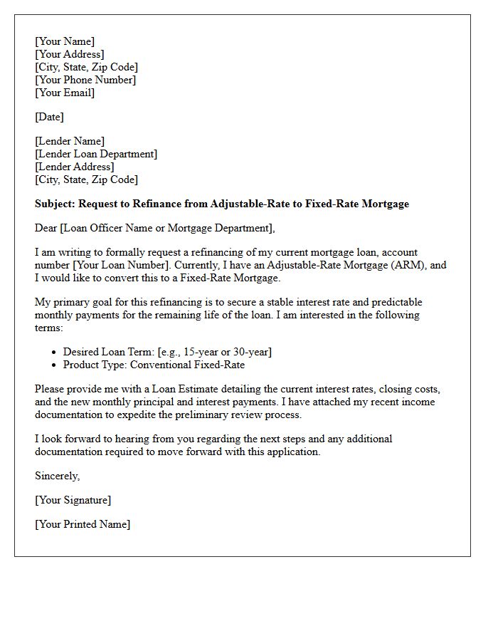 Adjustable to Fixed Rate Mortgage Refinancing Letter