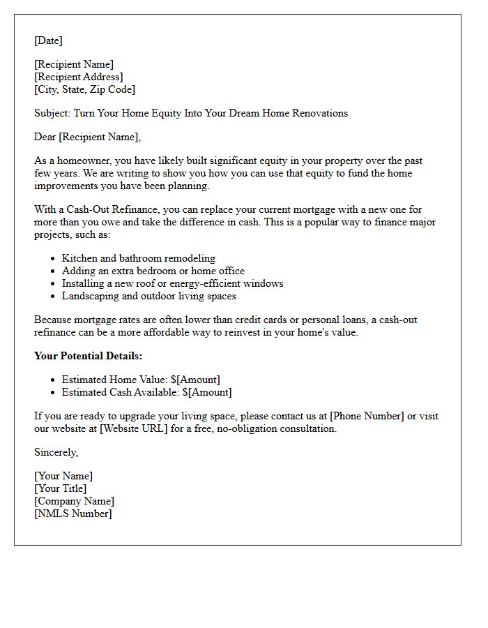 Home Improvement Cash-Out Refinancing Opportunity Letter