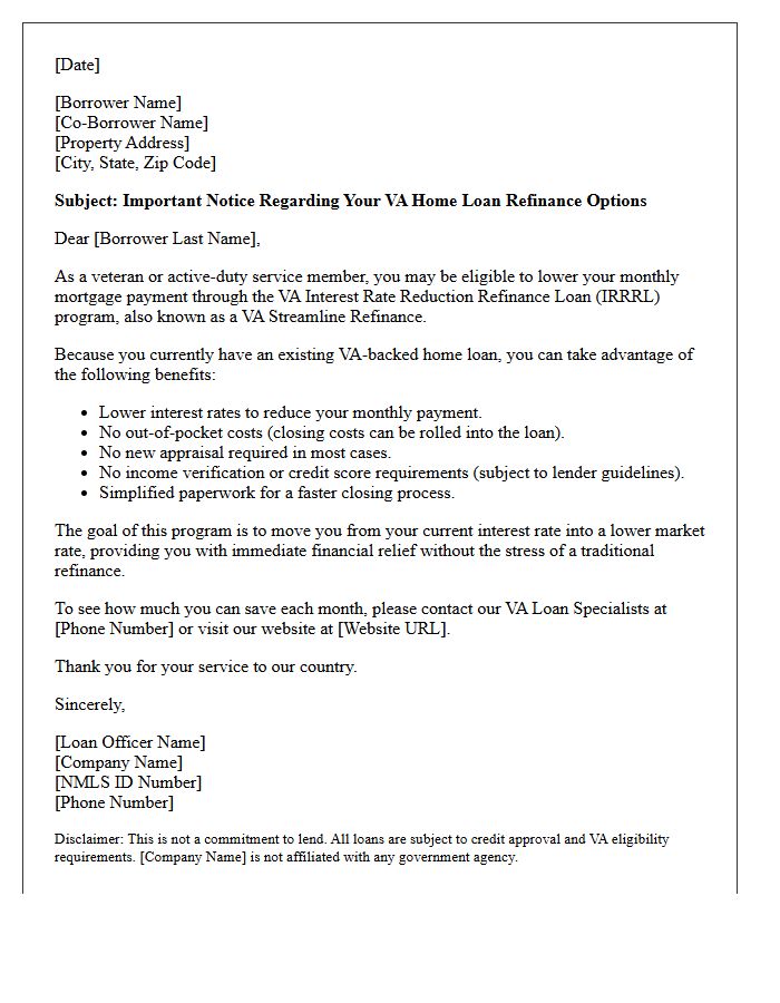 Veterans Affairs Streamline Mortgage Refinancing Letter