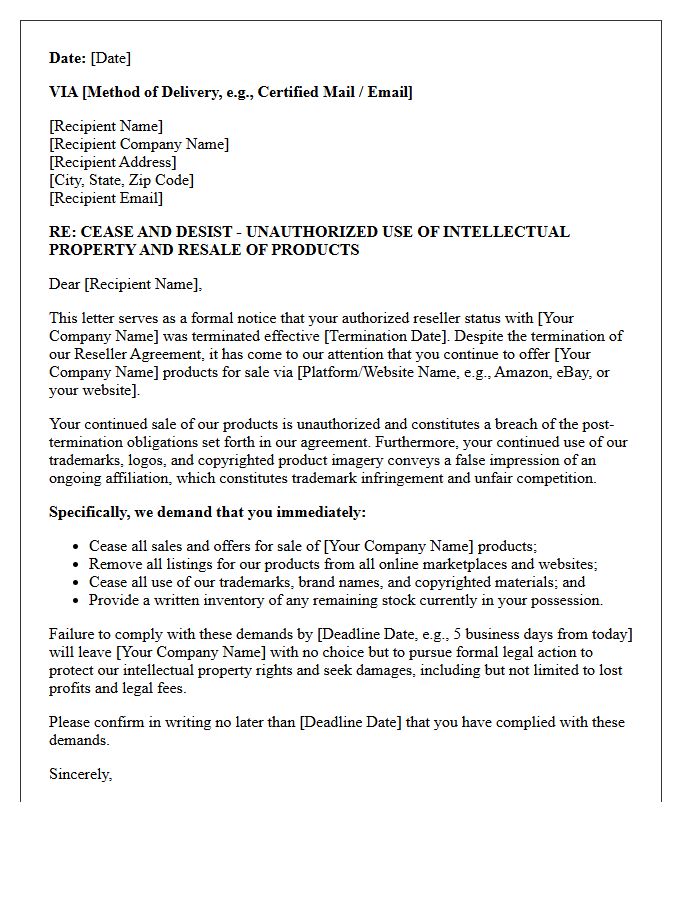 Post-Termination Unauthorized Reseller Cease and Desist Letter