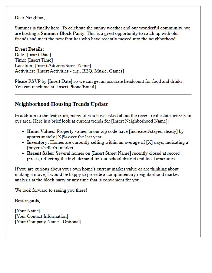 Summer Block Party Invitation and Housing Trends Letter