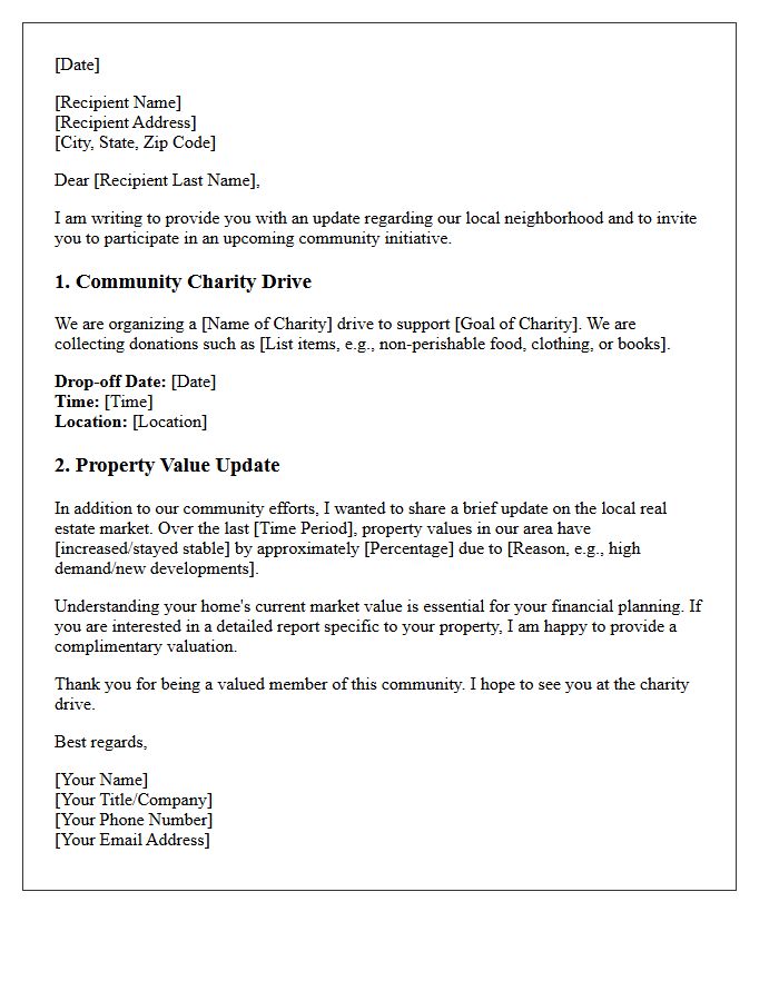Community Charity Drive and Property Value Update Letter