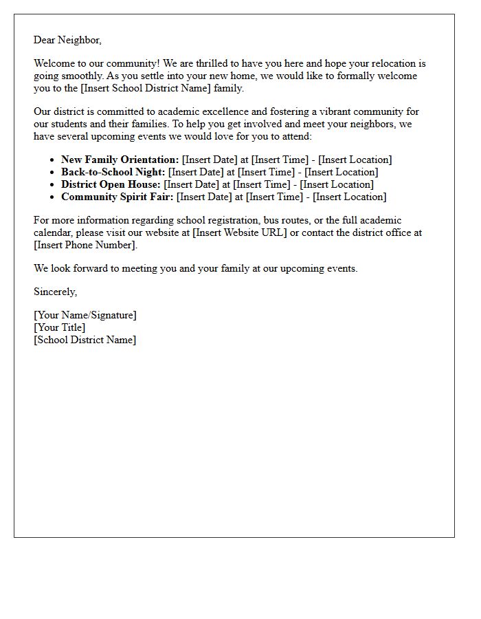 Upcoming School District Events and Relocation Welcome Letter