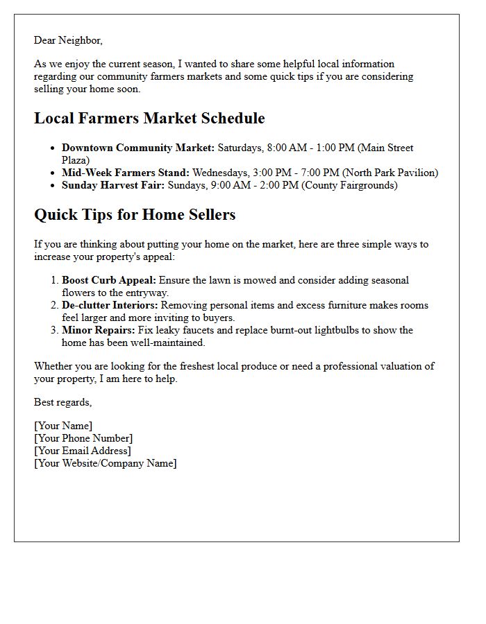 Local Farmers Market Schedule and Home Seller Tips Letter