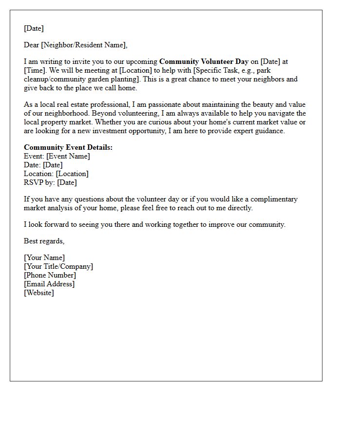 Community Volunteer Day and Real Estate Opportunities Letter