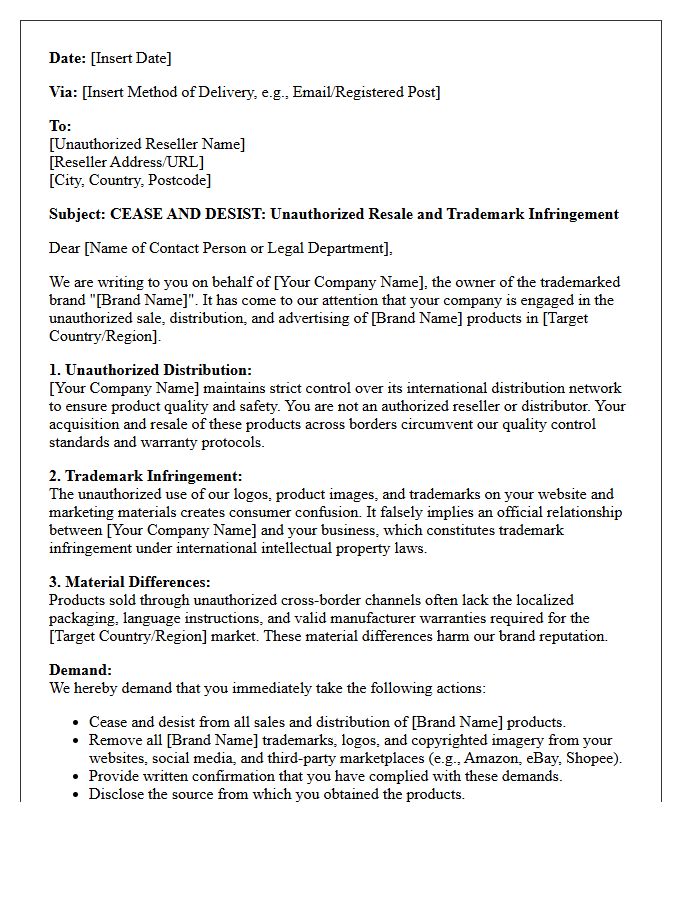 Cross-Border Retailer Unauthorized Reseller Cease and Desist Letter