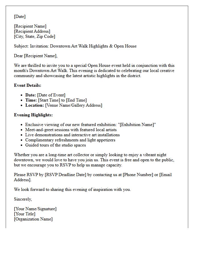 Downtown Art Walk Highlights and Open House Invitation Letter