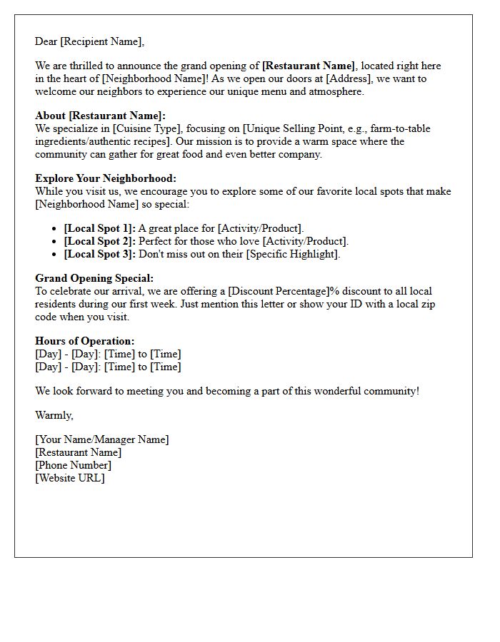 New Restaurant Openings and Neighborhood Guide Letter