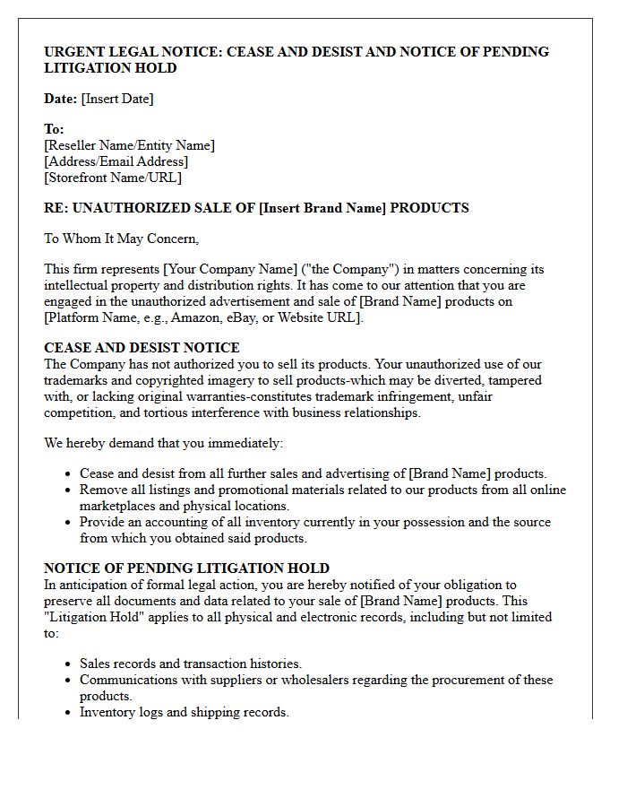 Pending Litigation Hold and Unauthorized Reseller Cease and Desist Letter