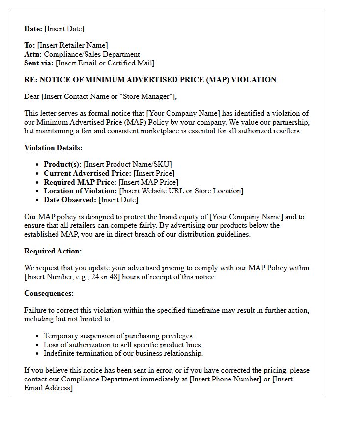 Initial Notice Minimum Advertised Price Violation Cease and Desist Letter