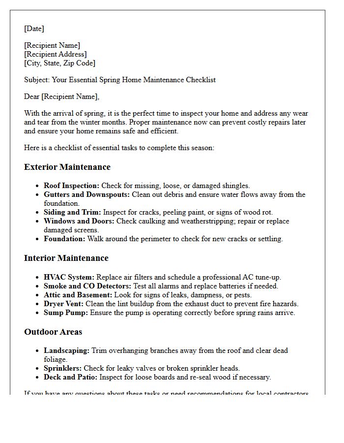 Essential Spring Home Maintenance Checklist Letter