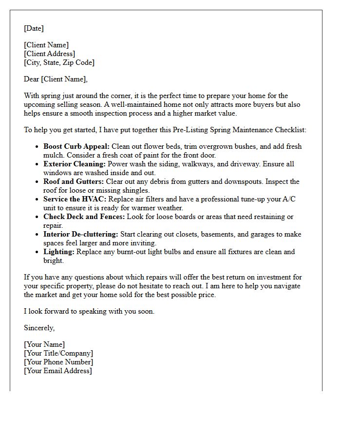 Pre-Listing Spring Maintenance Checklist Letter