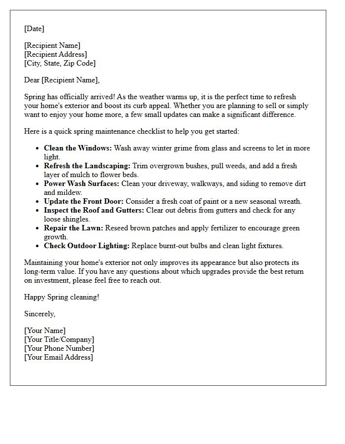 Exterior Curb Appeal Spring Checklist Letter