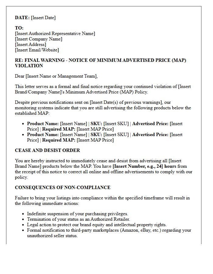 Final Warning Minimum Advertised Price Violation Cease and Desist Letter