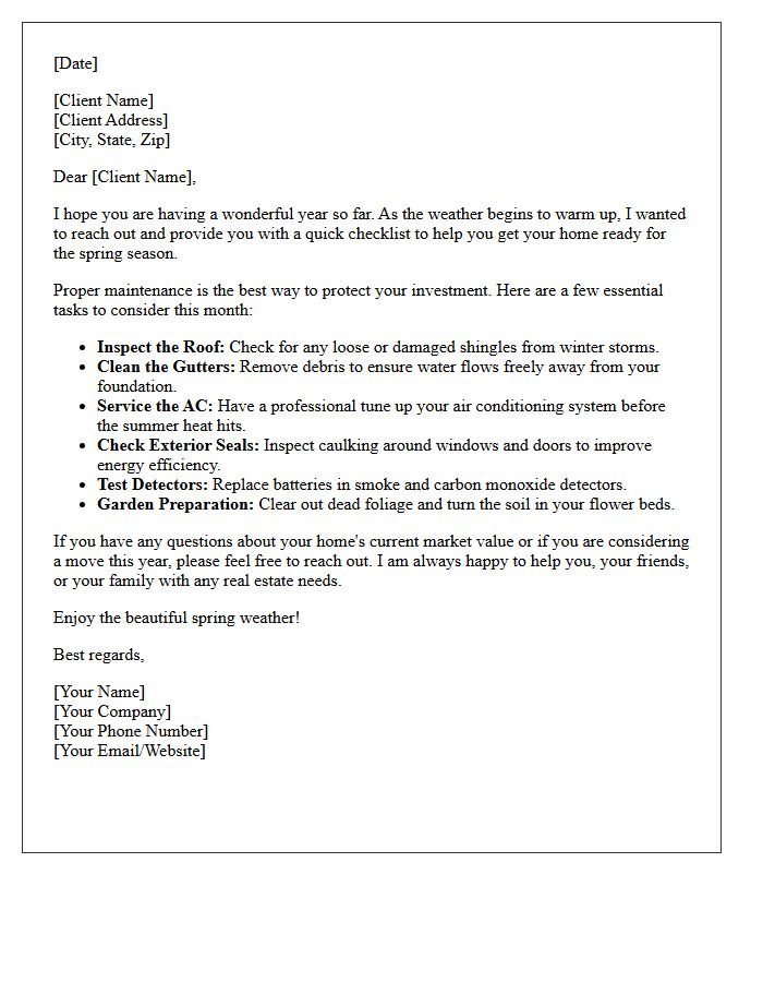 Past Client Spring Home Care Checklist Letter