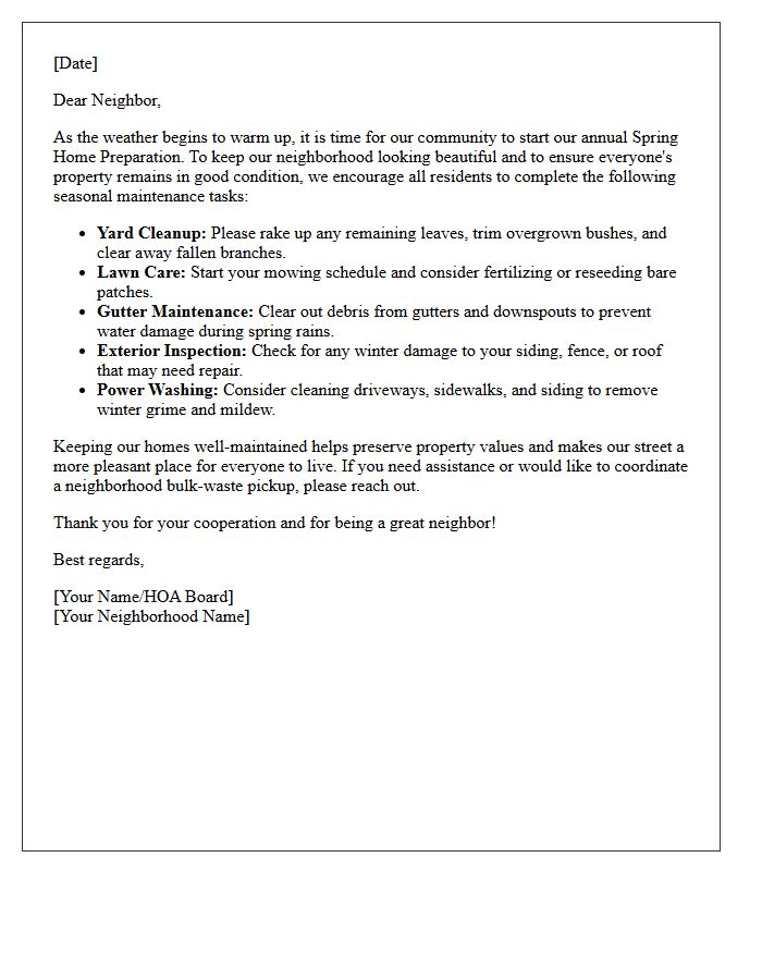 Neighborhood Spring Home Preparation Letter