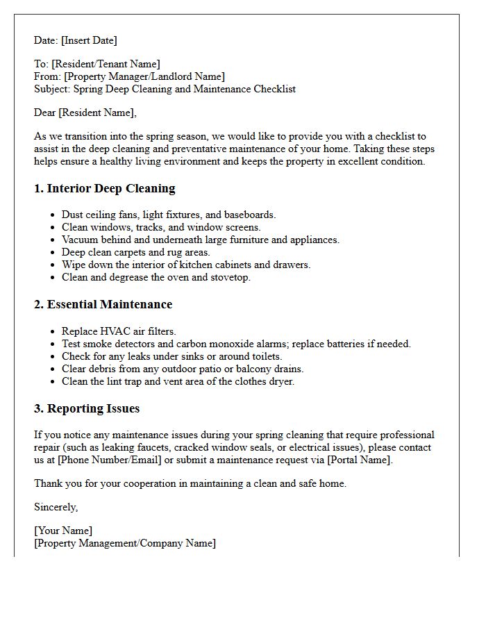 Spring Deep Cleaning And Maintenance Checklist Letter