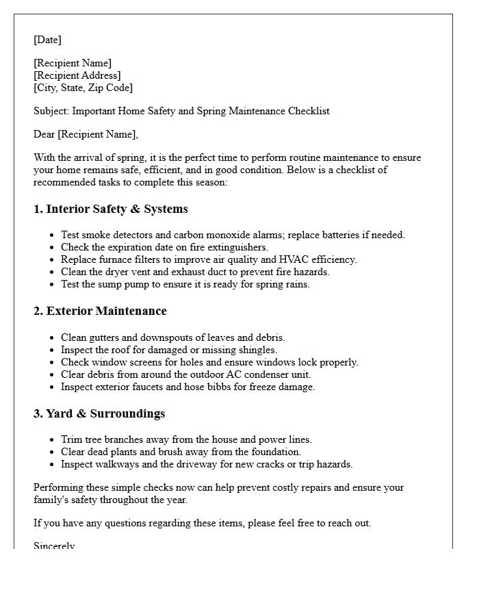 Home Safety And Spring Maintenance Checklist Letter