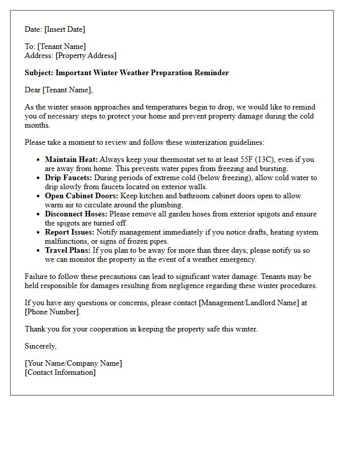 Residential Tenant Winter Weather Preparation Reminder Letter