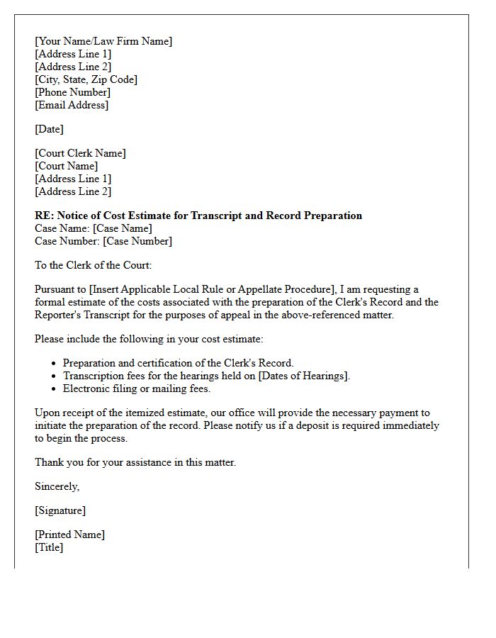 Transcript and Record Preparation Costs Letter Section