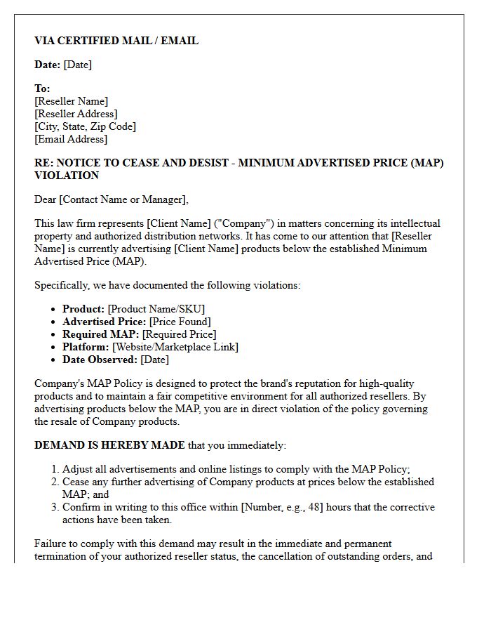 Standard Law Firm Minimum Advertised Price Violation Cease and Desist Letter