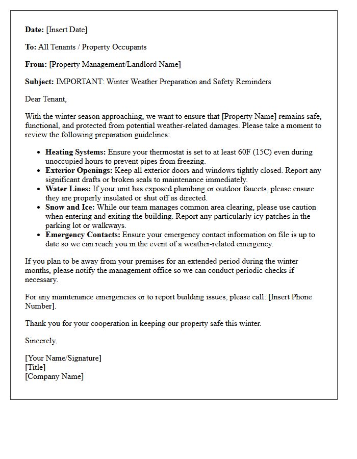 Commercial Property Winter Weather Preparation Reminder Letter