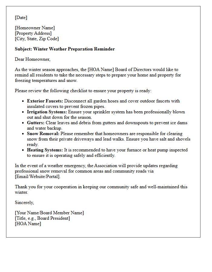 Homeowners Association Winter Weather Preparation Reminder Letter
