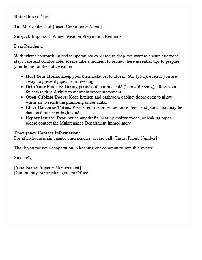 Multi-Family Community Winter Weather Preparation Reminder Letter