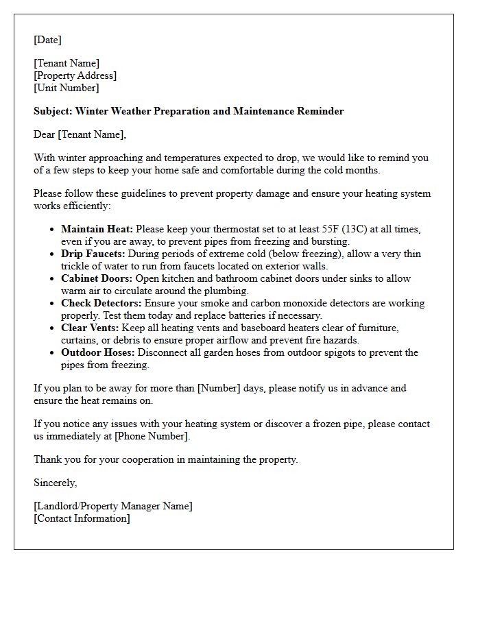 Landlord to Tenant Winter Weather Preparation Reminder Letter