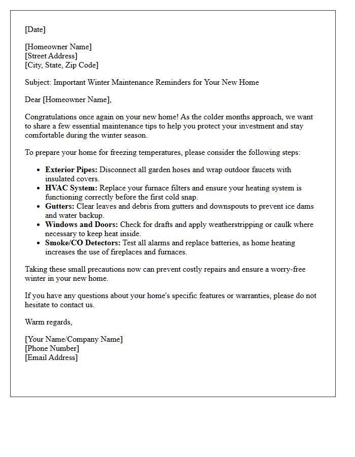 New Homeowner Winter Weather Preparation Reminder Letter