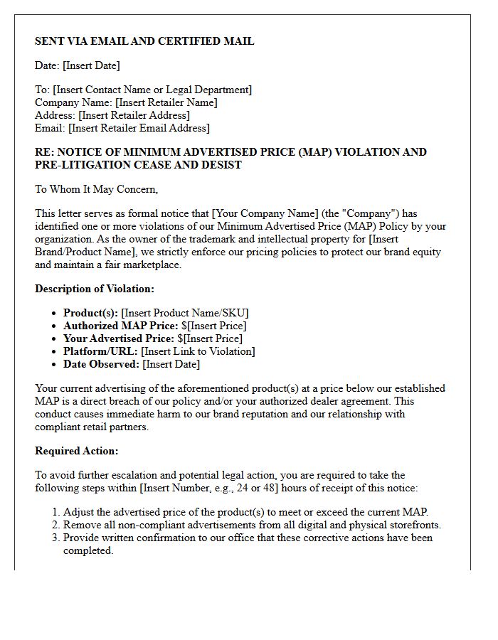 Pre-Litigation Minimum Advertised Price Violation Cease and Desist Letter