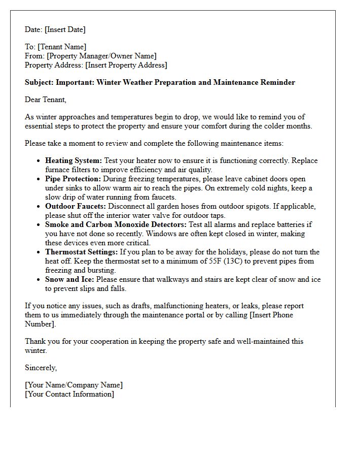 Property Investor Winter Weather Preparation Reminder Letter