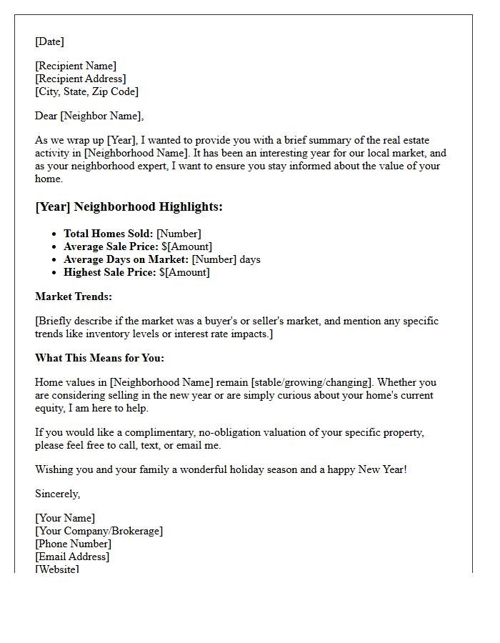 Year-End Neighborhood Real Estate Market Summary Letter