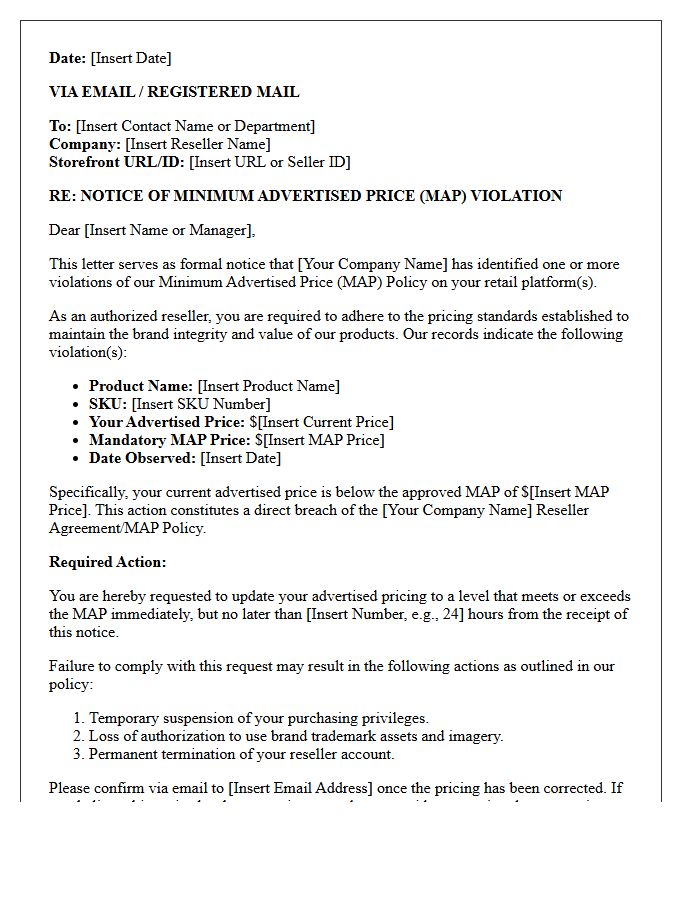 E-Commerce Minimum Advertised Price Violation Cease and Desist Letter