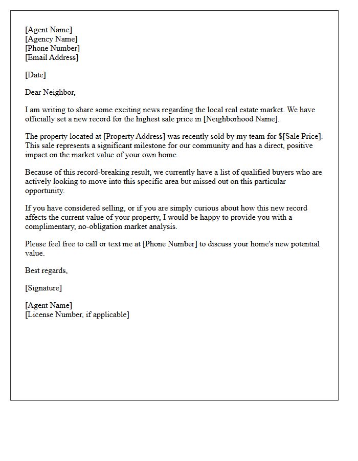 Record Breaking Neighborhood Sales Notification Letter