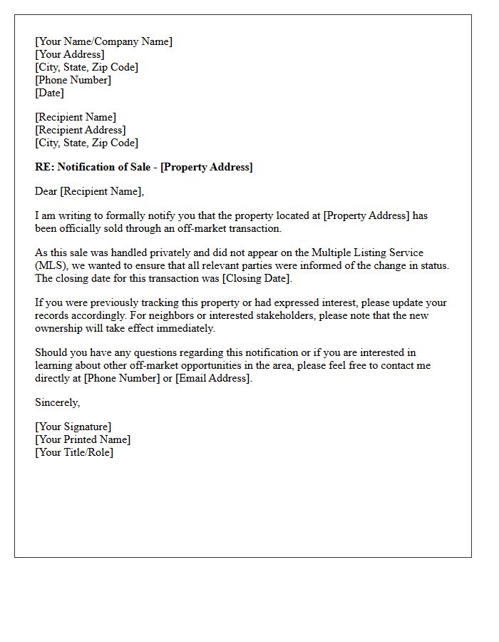 Off Market Property Sold Notification Letter