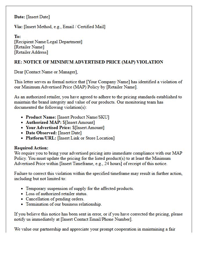 Authorized Retailer Minimum Advertised Price Violation Cease and Desist Letter